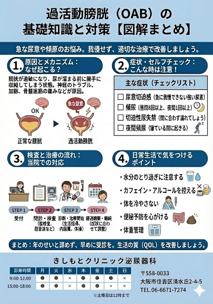 過活動膀胱(頻尿・尿漏れ)の原因・症状チェック・検査と治療の流れ、生活で気をつけるポイントを大阪市住吉区きしもとクリニック泌尿器科がまとめた図解イラスト