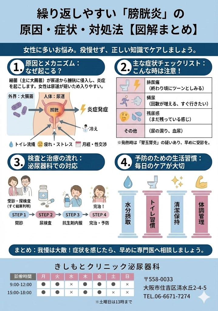 膀胱炎の原因・症状チェック・検査と治療の流れを大阪市住吉区きしもとクリニック泌尿器科がまとめた図解イラスト